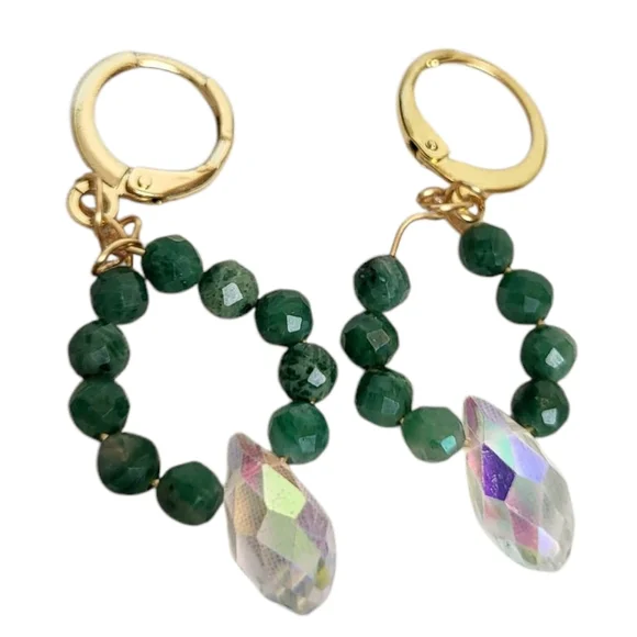 18k Gold Labradorite Teardrop AB Crystal Huggie Hoop Earrings - Picture 2 of 2